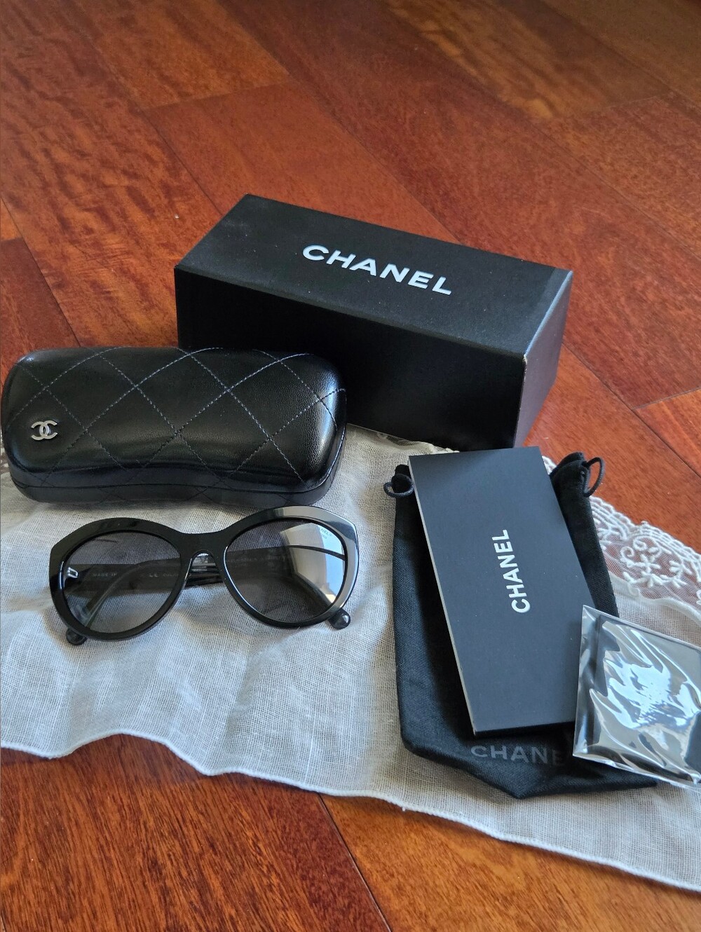 CHANEL Black Cat-Eye Sunglasses with Quilted Case and Pouch
